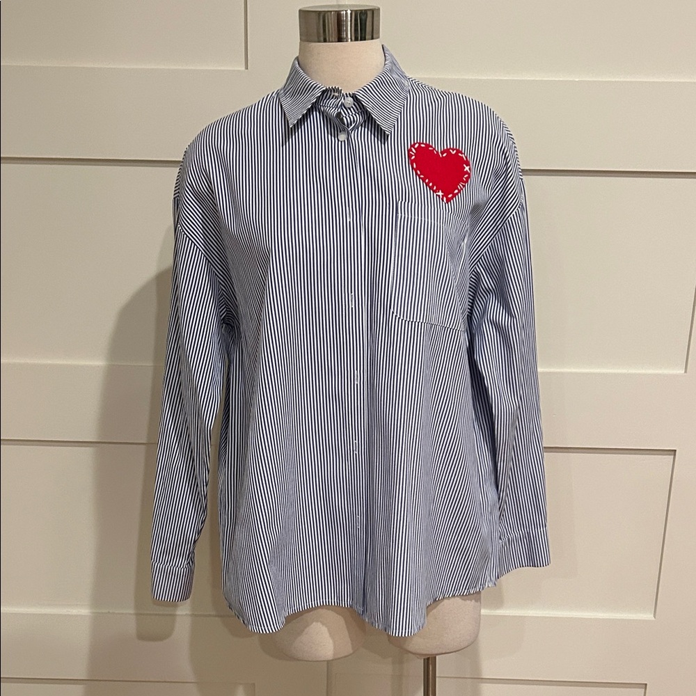 ROMI BASHA- blue white striped oversize button-down with red heart